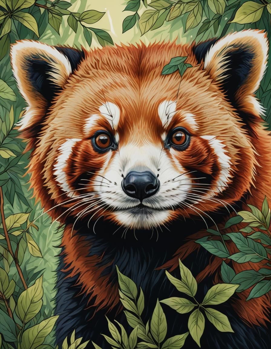 High-Contrast Red Panda Portrait in Detailed Illustration