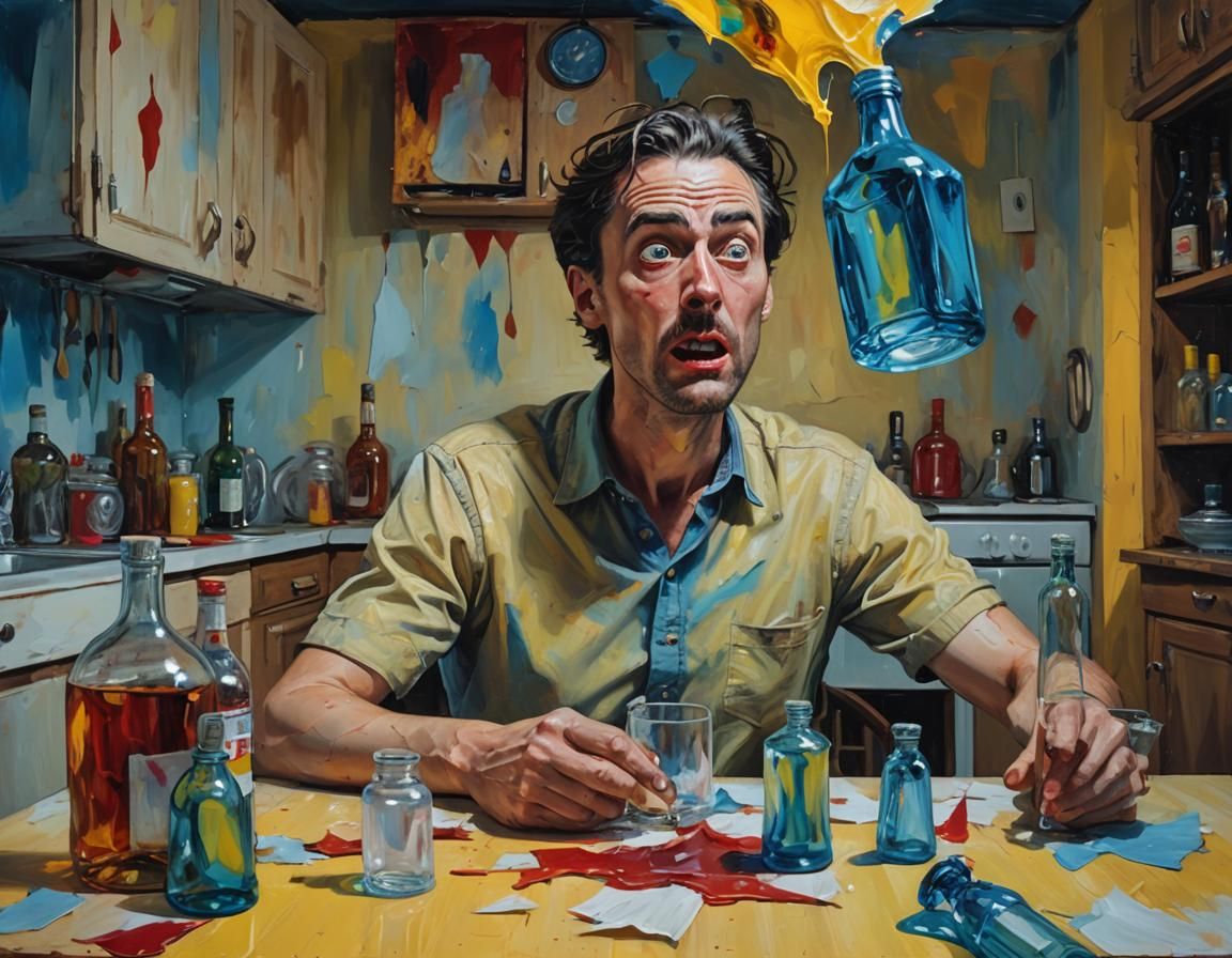 Surreal Man Shocked by Floating Bottle: Oil Painting