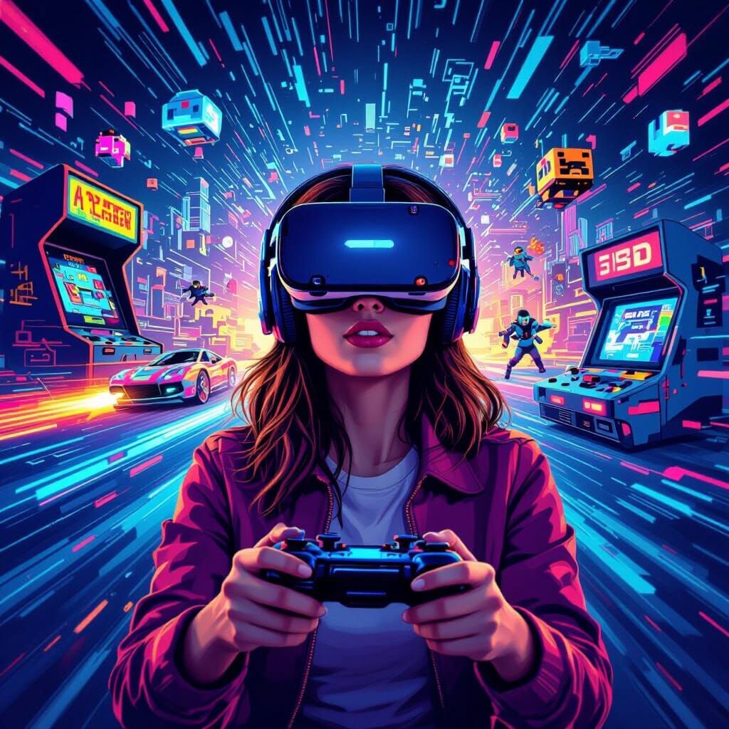 VR Gamer in Evolving Cyberpunk Arcade