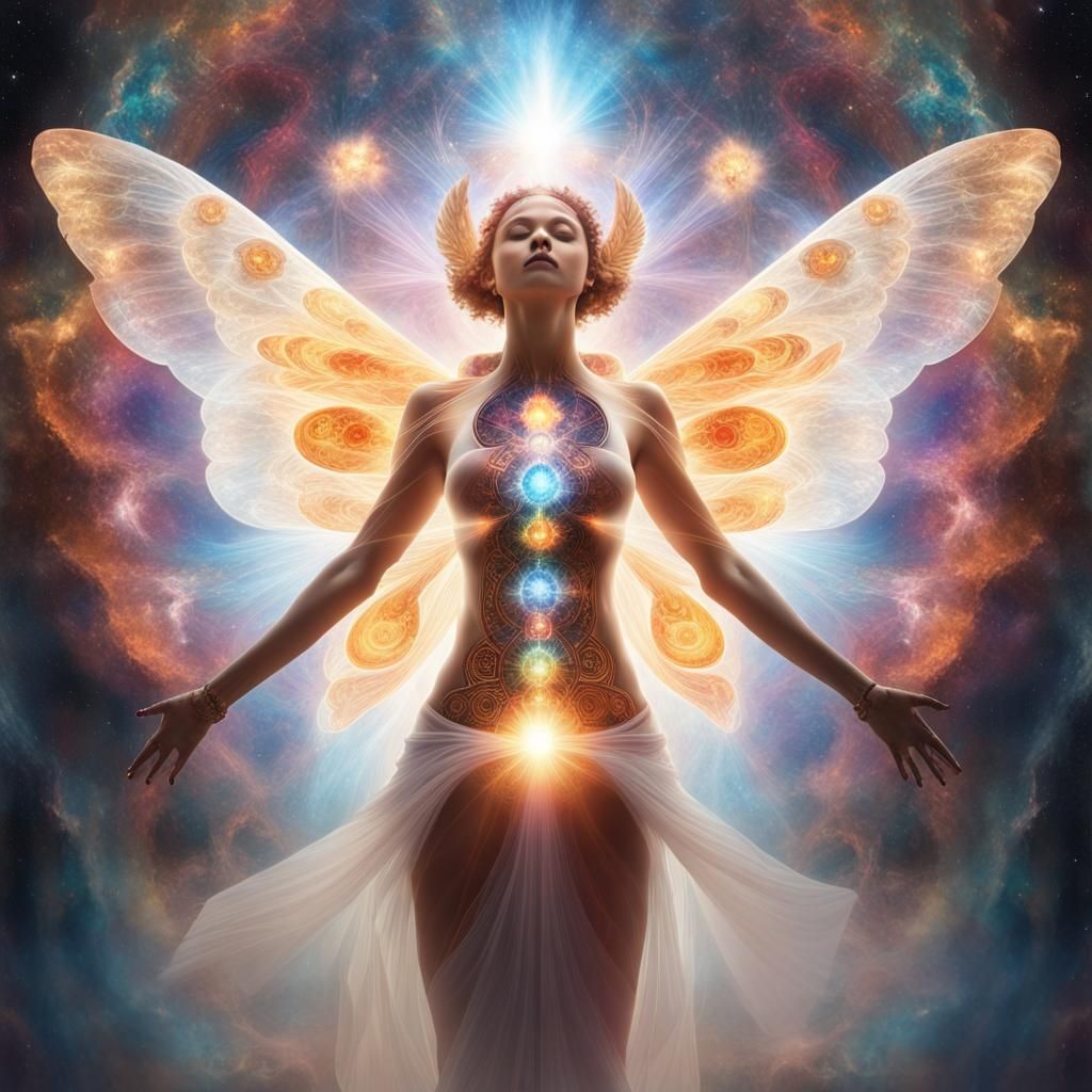 Glowing Angel with Butterfly Wings and Chakras