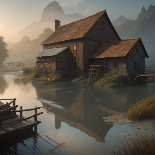 Villager Fishing at Dawn in Detailed Matte Painting