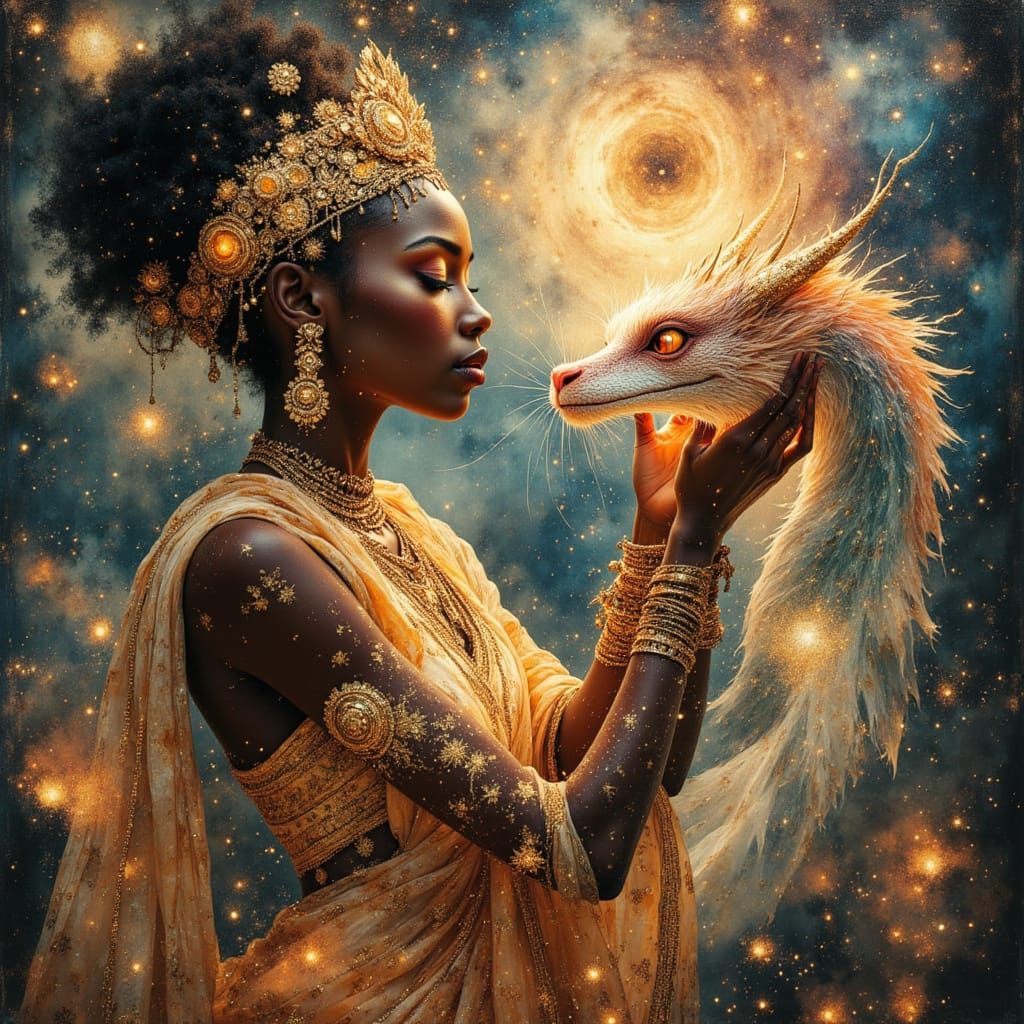 African Goddess Creates Flower Dragon in Cosmic Workshop