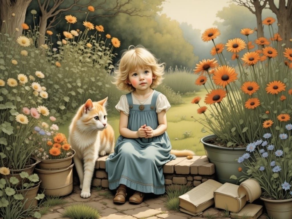 Toddler and Cat in Garden, Storybook Illustration