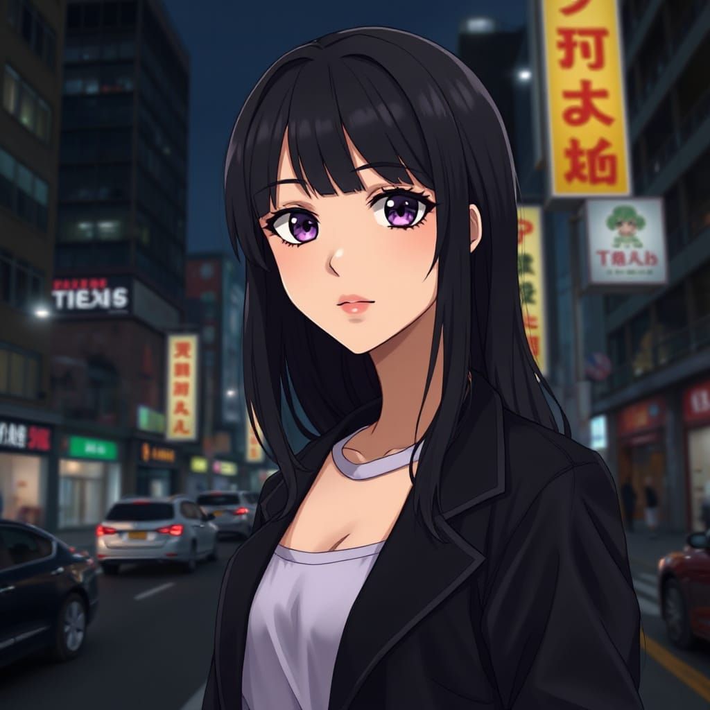 Anime Woman in City Night