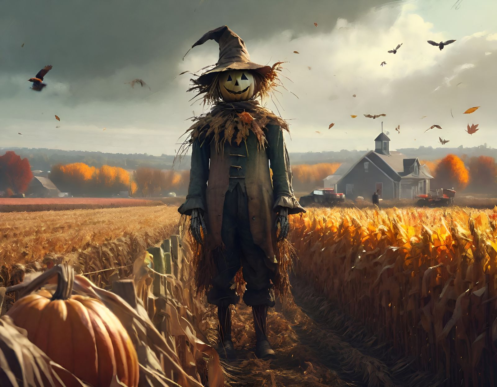 Autumn Harvest Scene with Realistic Scarecrow
