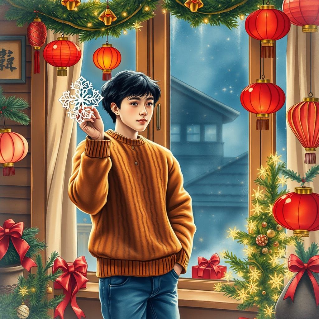 A Young Man Prepares Christmas Decorations in a Vibrant Wate...