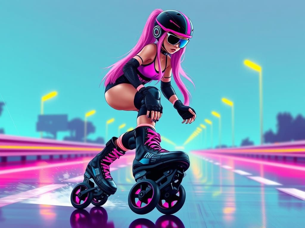 Cyberpunk Roller Skate Girl in Neon Cityscape