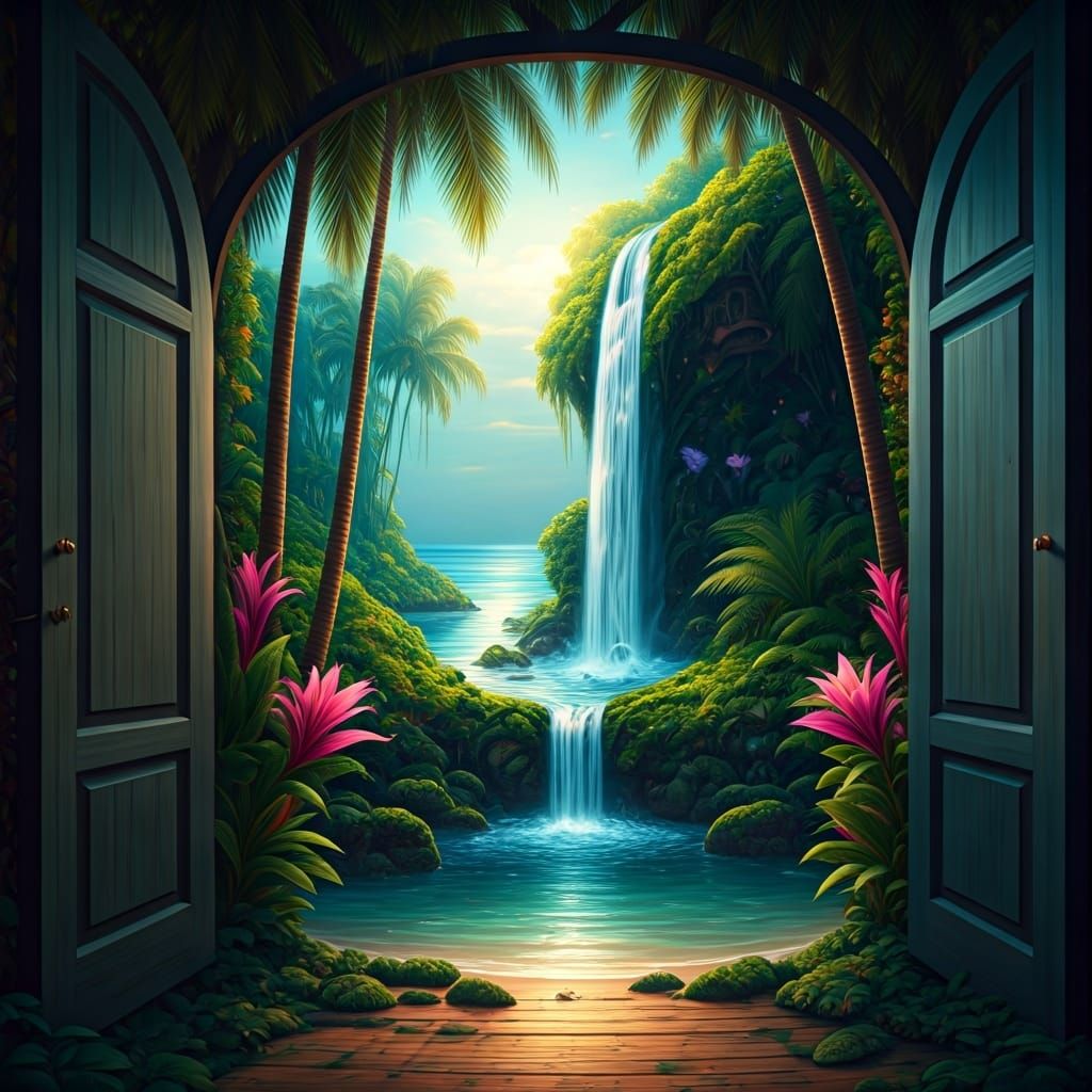 Tropical Fairy Forest Waterfall in Airbrushed Style