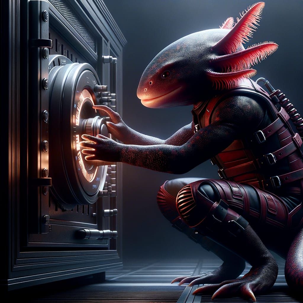 Stealthy Axolotl Safecracker in Vintage 3D Animation Style