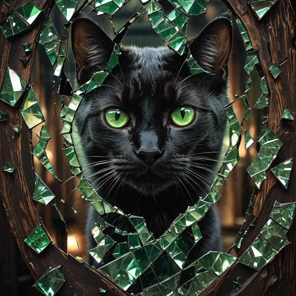 Green-Eyed Cat in Broken Mirror: Dark Magical Realism