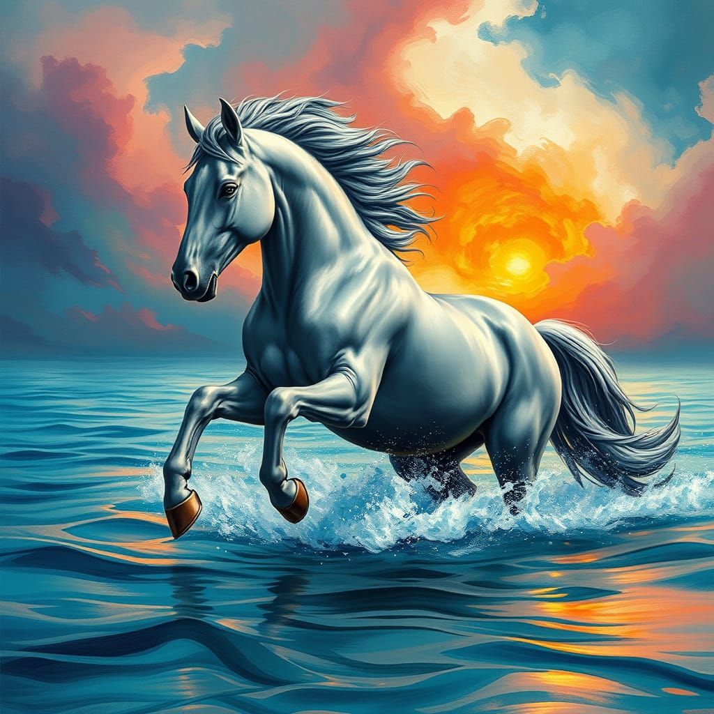 Majestic Grey Horse Galloping on Water in Dreamlike Fantasy ...