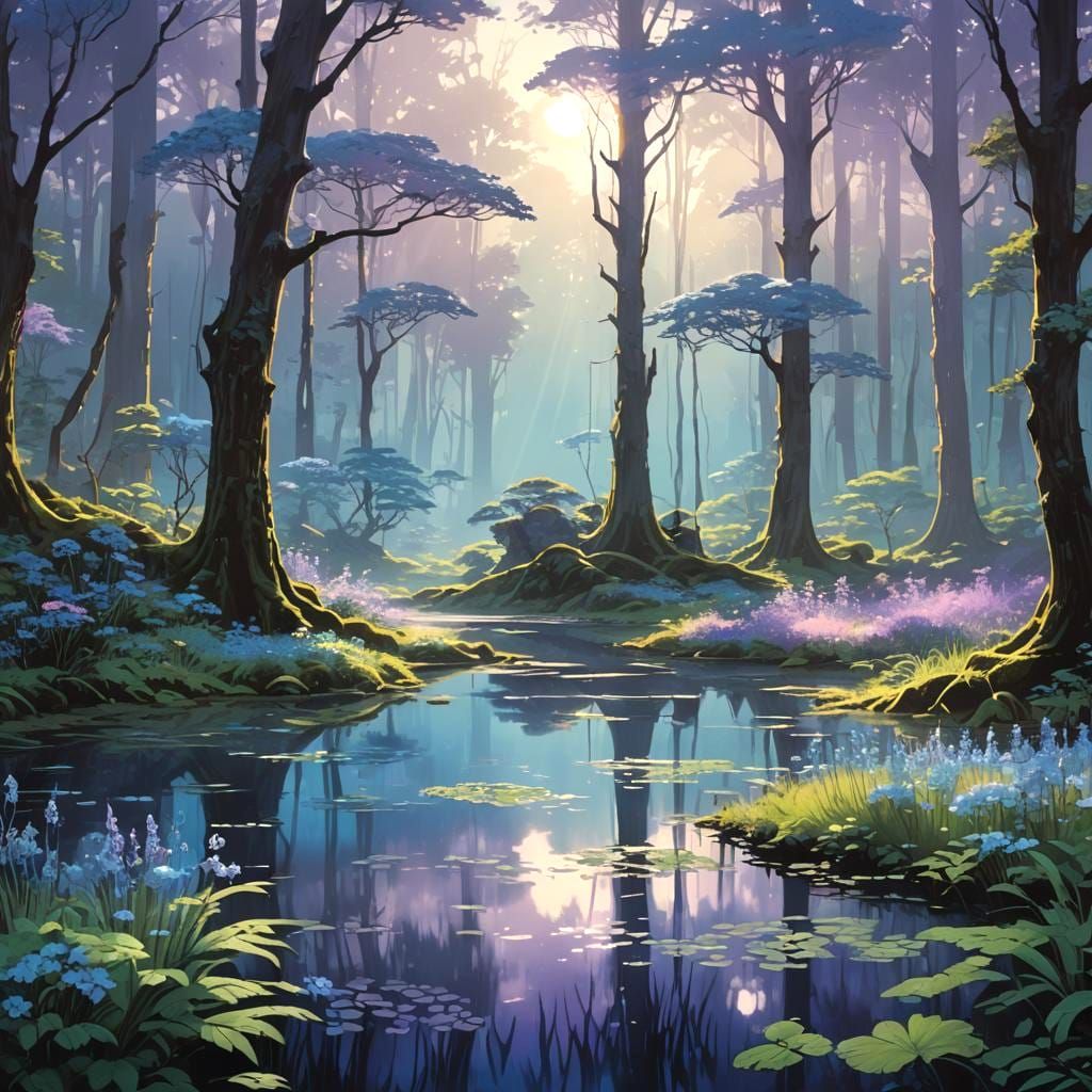 Misty Blue Forest in Early Morning Light