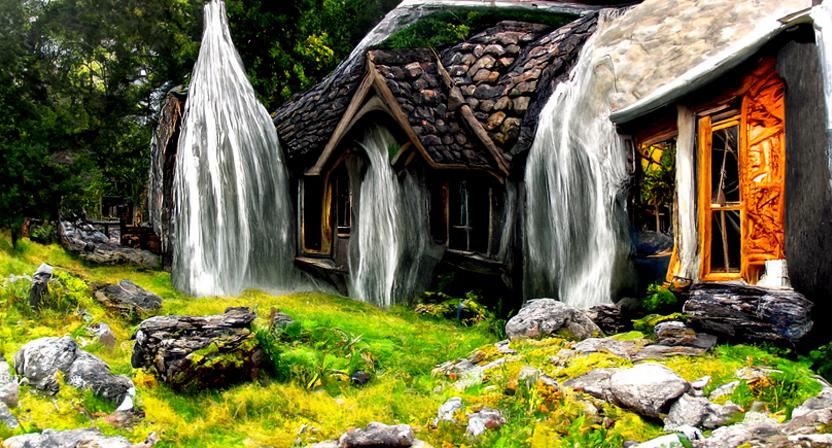 Elven Cottage with Waterfall in Hyperrealism