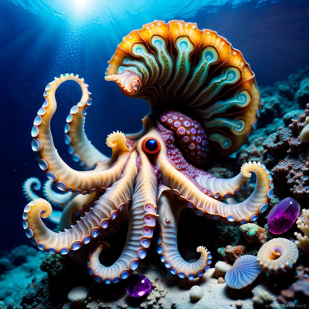 Underwater Octopus and Nudibranch with Luminescent Gems