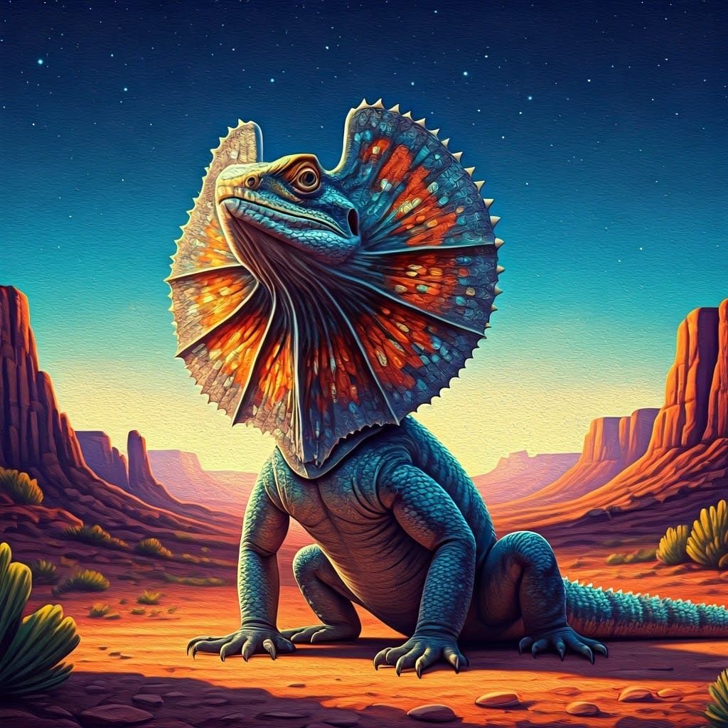 Frilled-Neck Lizard in Desert Canyon, Watercolor Folk Art