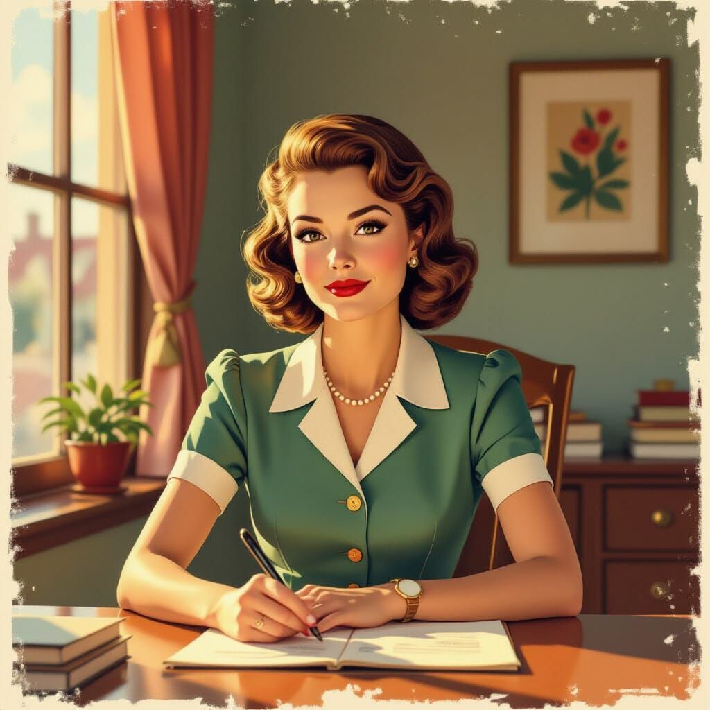 1950s Woman at Desk: Elegant Ink Wash Painting