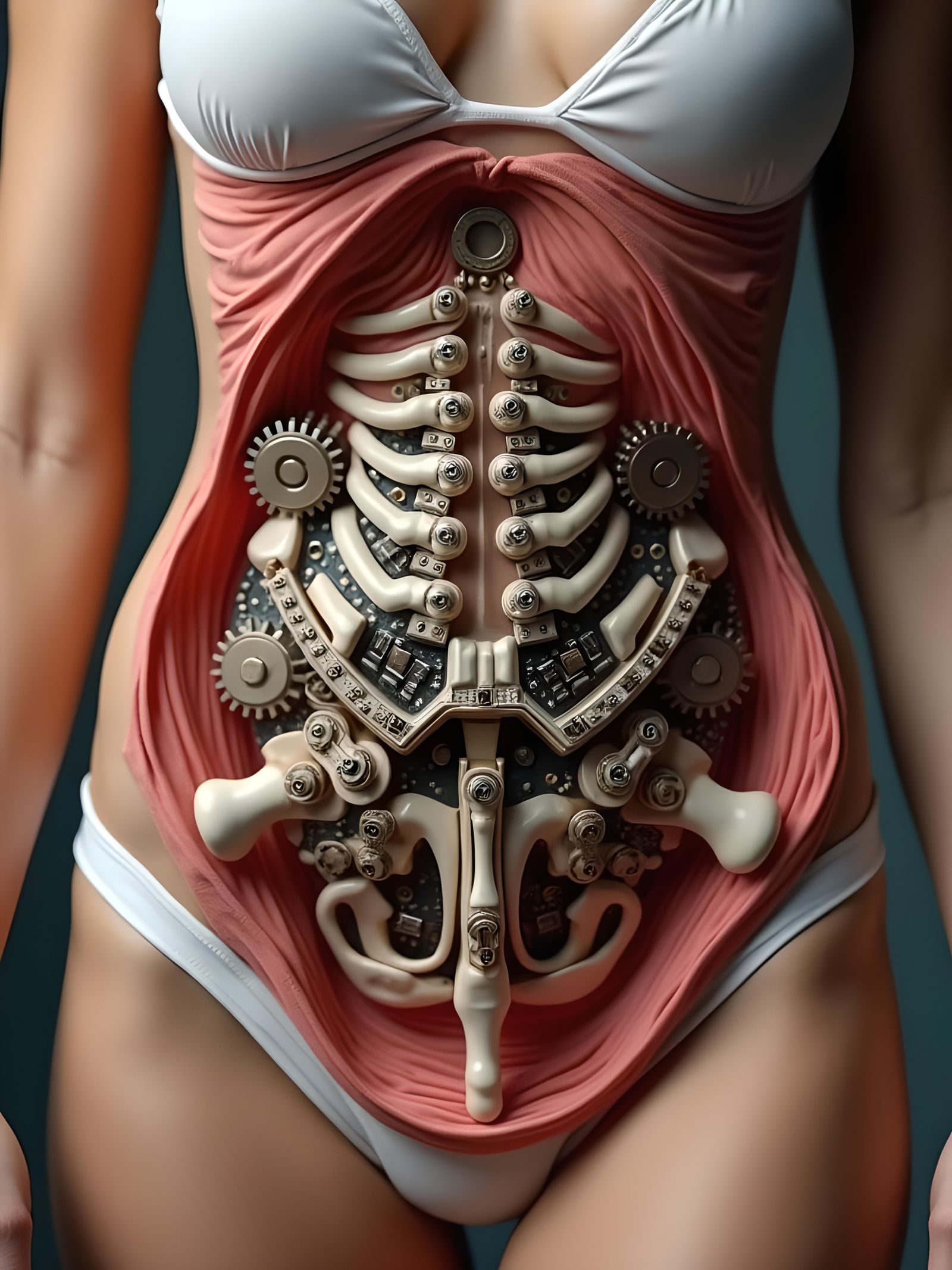 Macro Surgical Cross Section of Cyborg Woman's Abdomen
