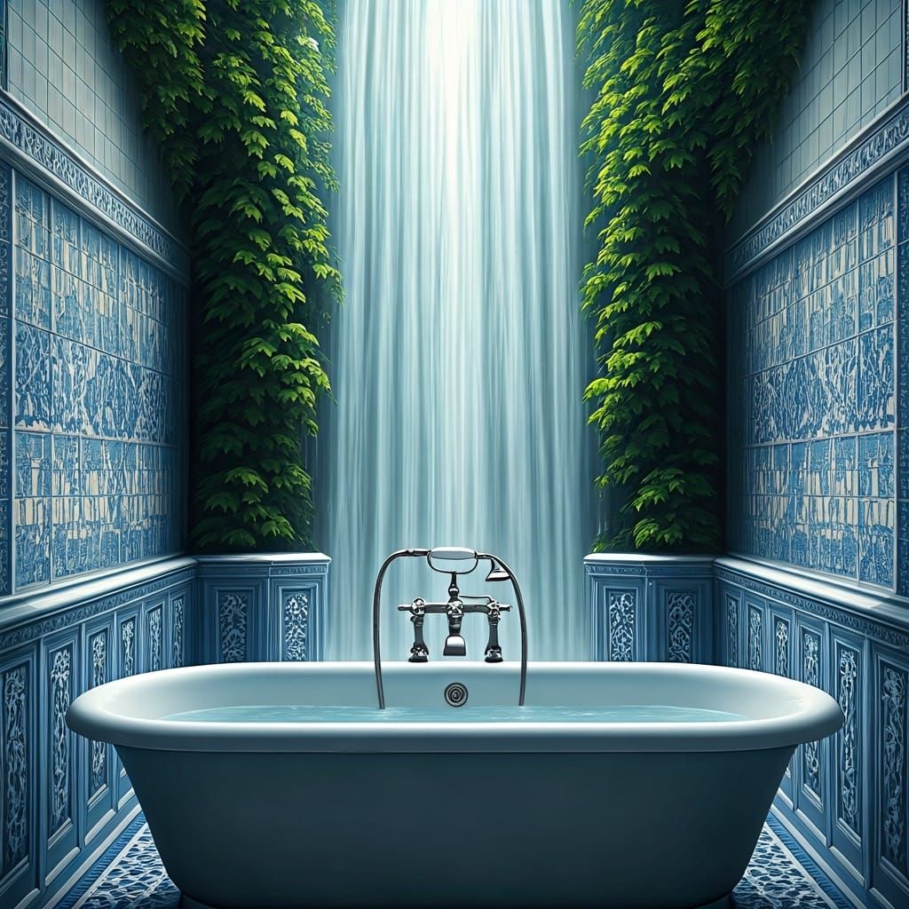 A waterfall running down one wall of an elegant blue and whi...