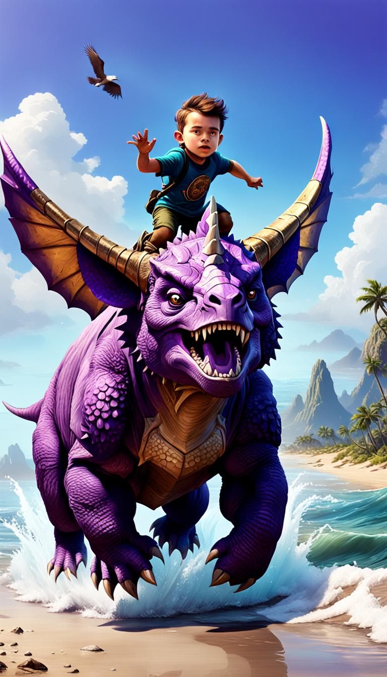Bear Cub Rides Triceratops on Beach: Fantasy Art