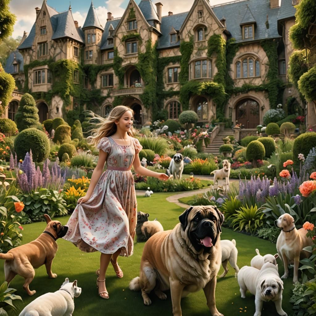 Girl with Mastiff in Fantasy Garden, Matte Painting