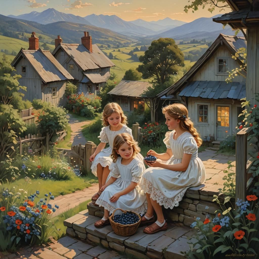 Charming Girls in Cottage Garden, Oil Painting