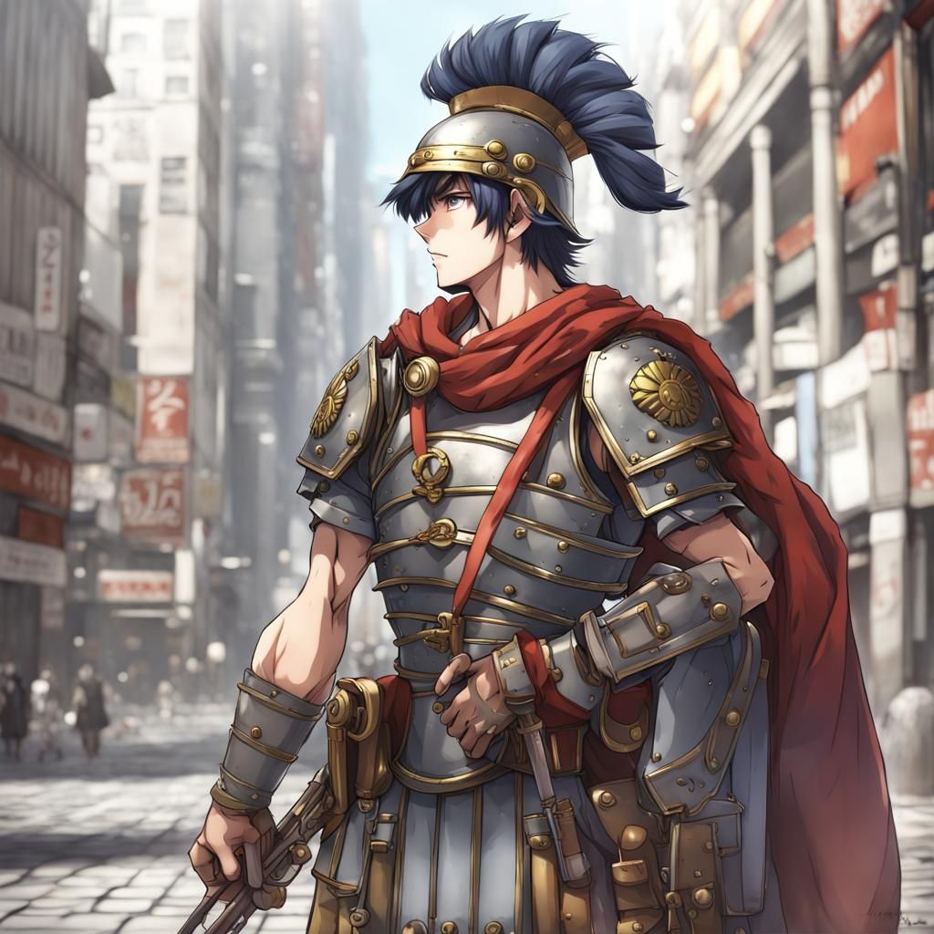 Anime Roman Soldier in Tokyo: Cell-Shaded 3D Art