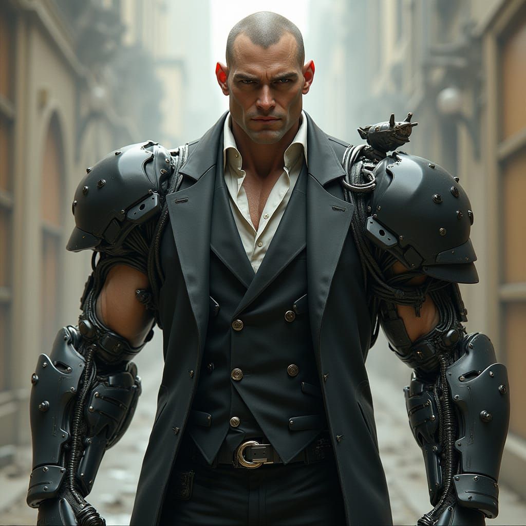 Tactical Cyborg Butler in Industrial Futuristic Style