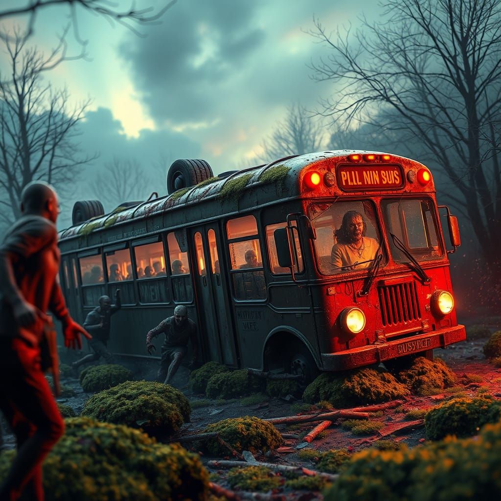 Zombie Bus Horror in Hyperdetailed Matte Painting