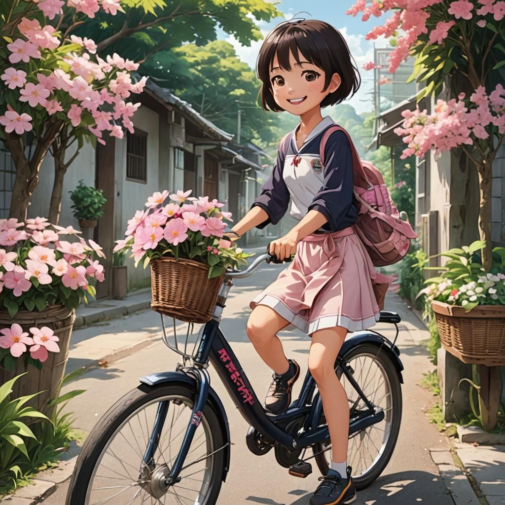 Thai Girl on Bicycle with Flowers in Anime Style