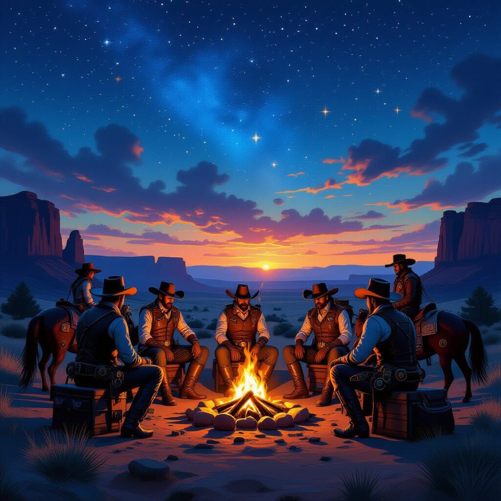 Steampunk Cowboys by Campfire, Whimsical Night Sky