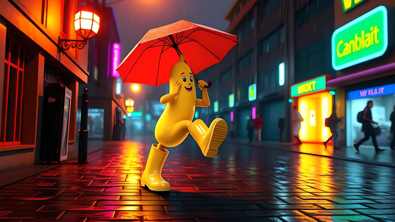 Banana Dances in Rainy Pixel Art Night