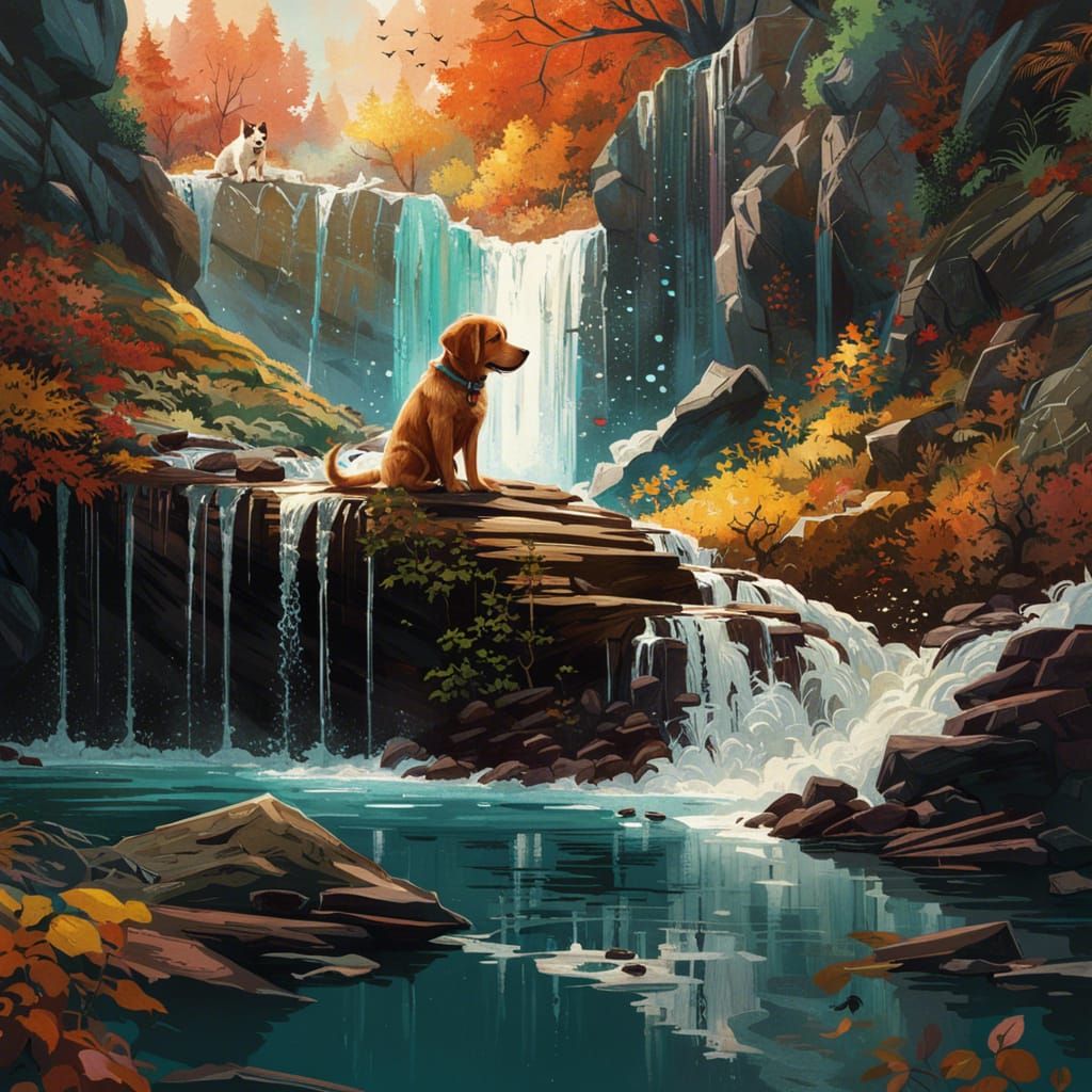 Puppy Discovering Waterfall in Detailed Digital Art