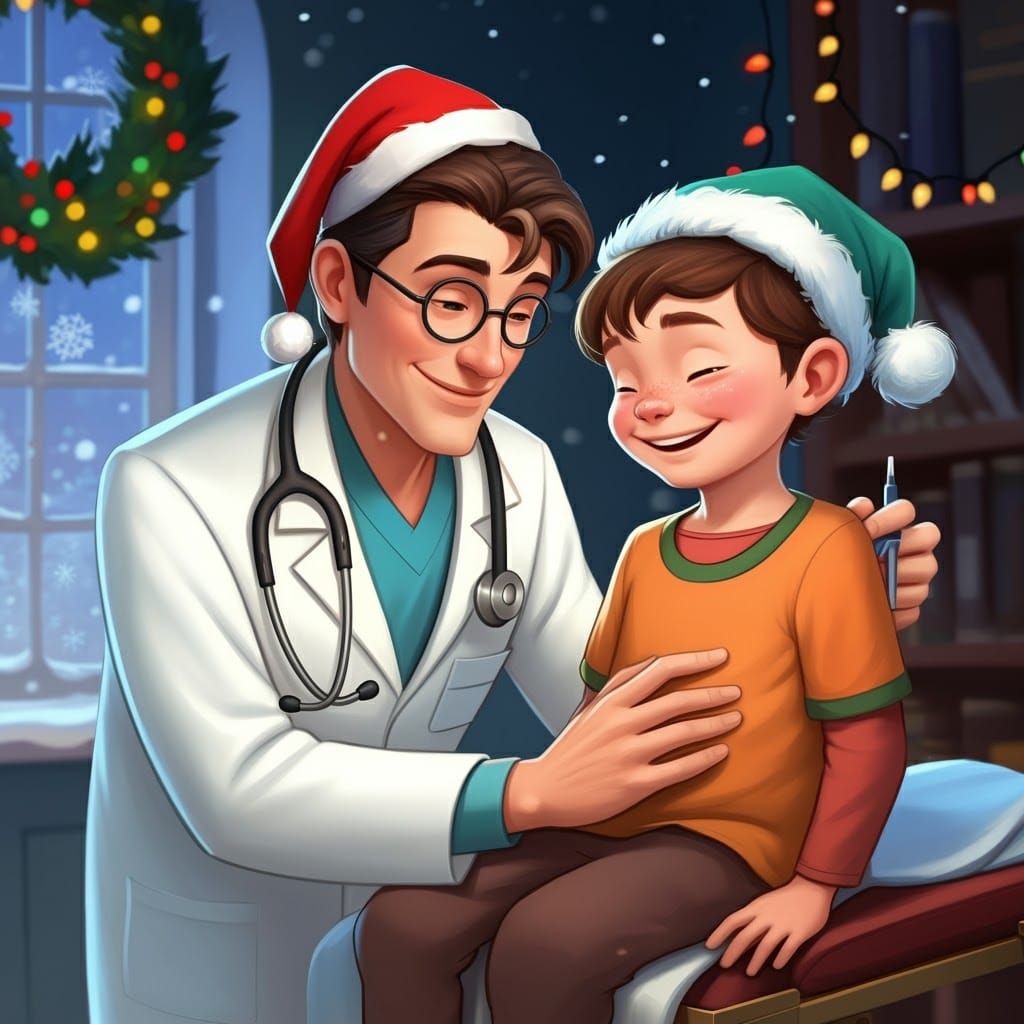 Festive Cartoon Doctor Examines Child, Disney Animation Styl...