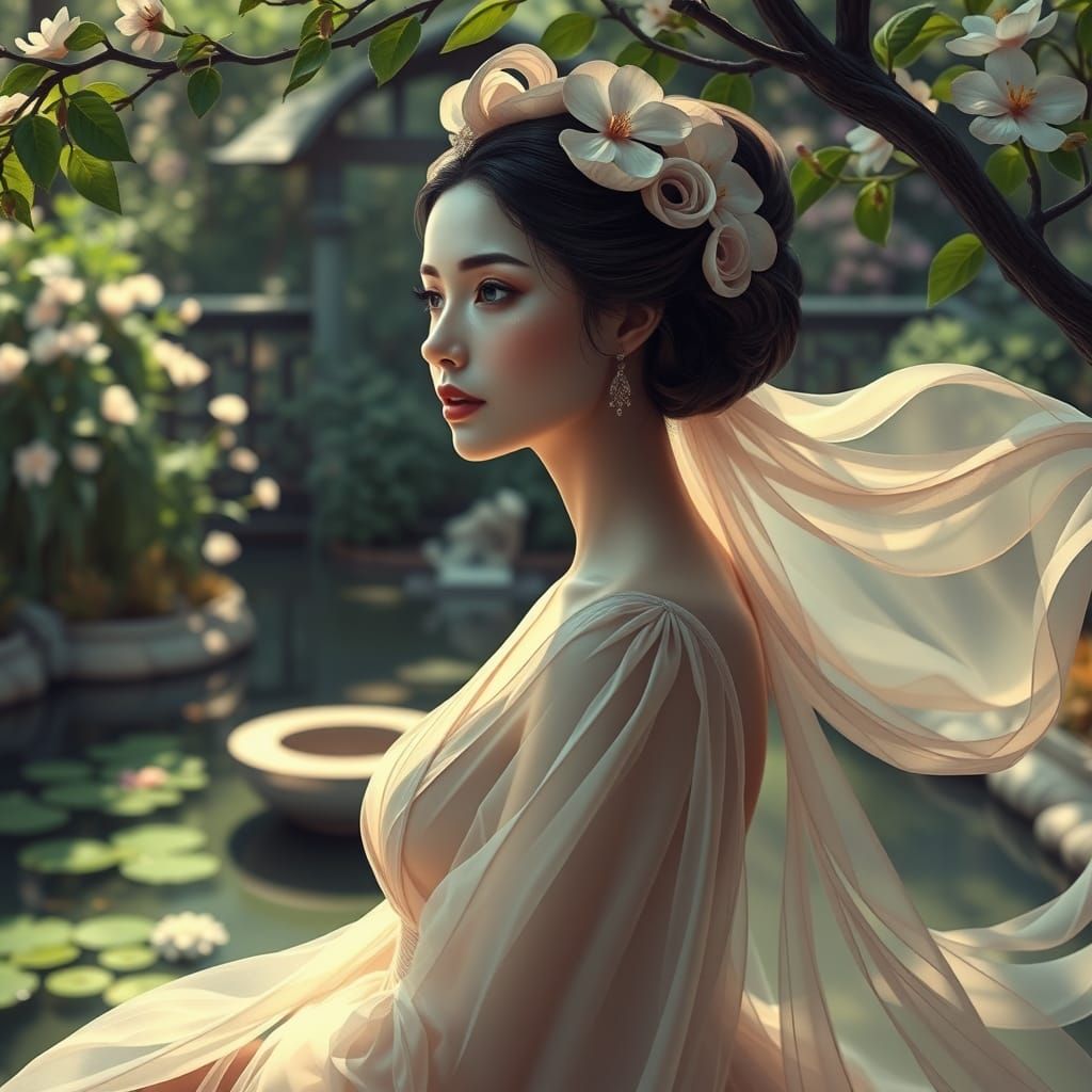 Ethereal Jasmine Goddess in Serene Film-Style Illustration