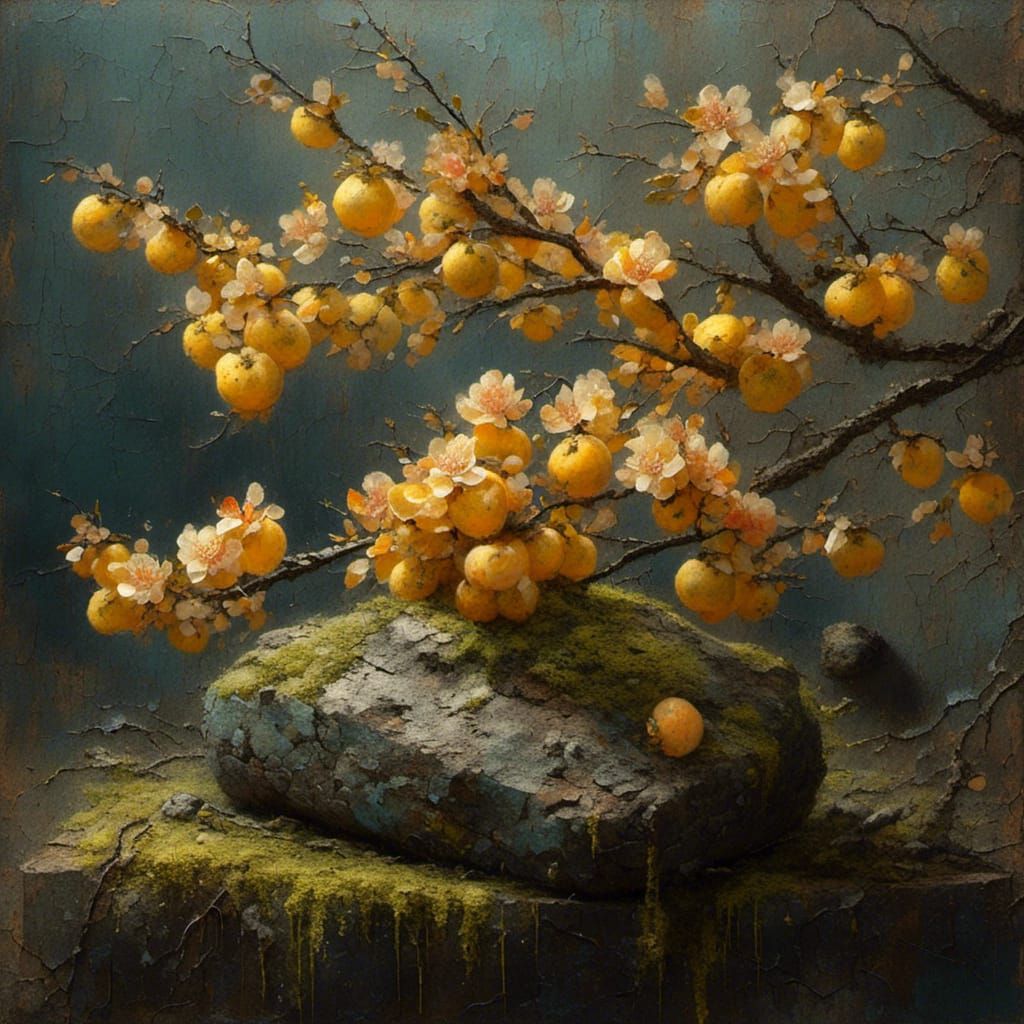 Quince Blossoms in Old Master Oil Painting Style