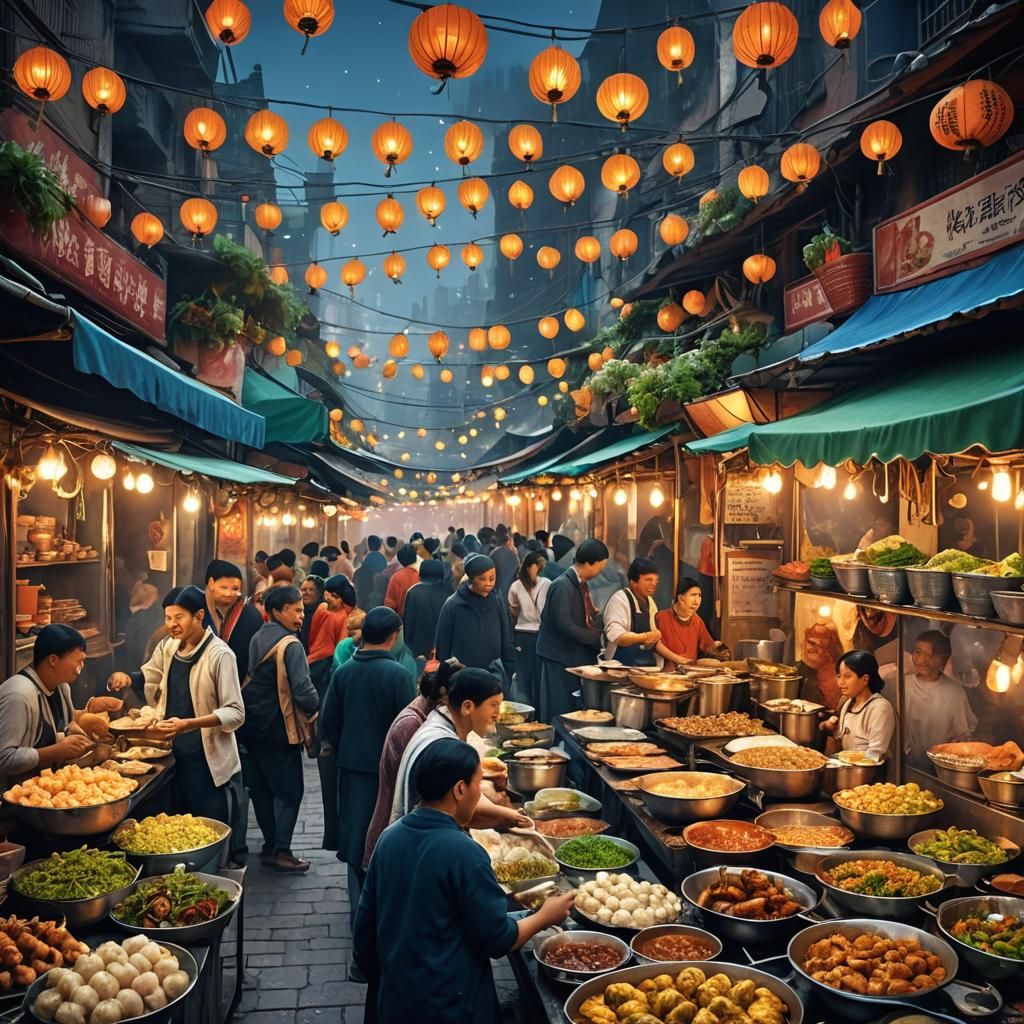 Vibrant Street Food Market in Dreamlike Cityscape