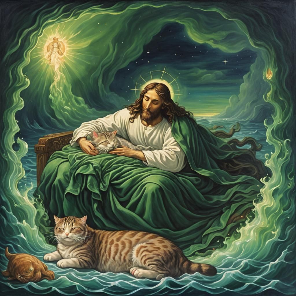 Christ Asleep with Cat in Deep Ocean Fire
