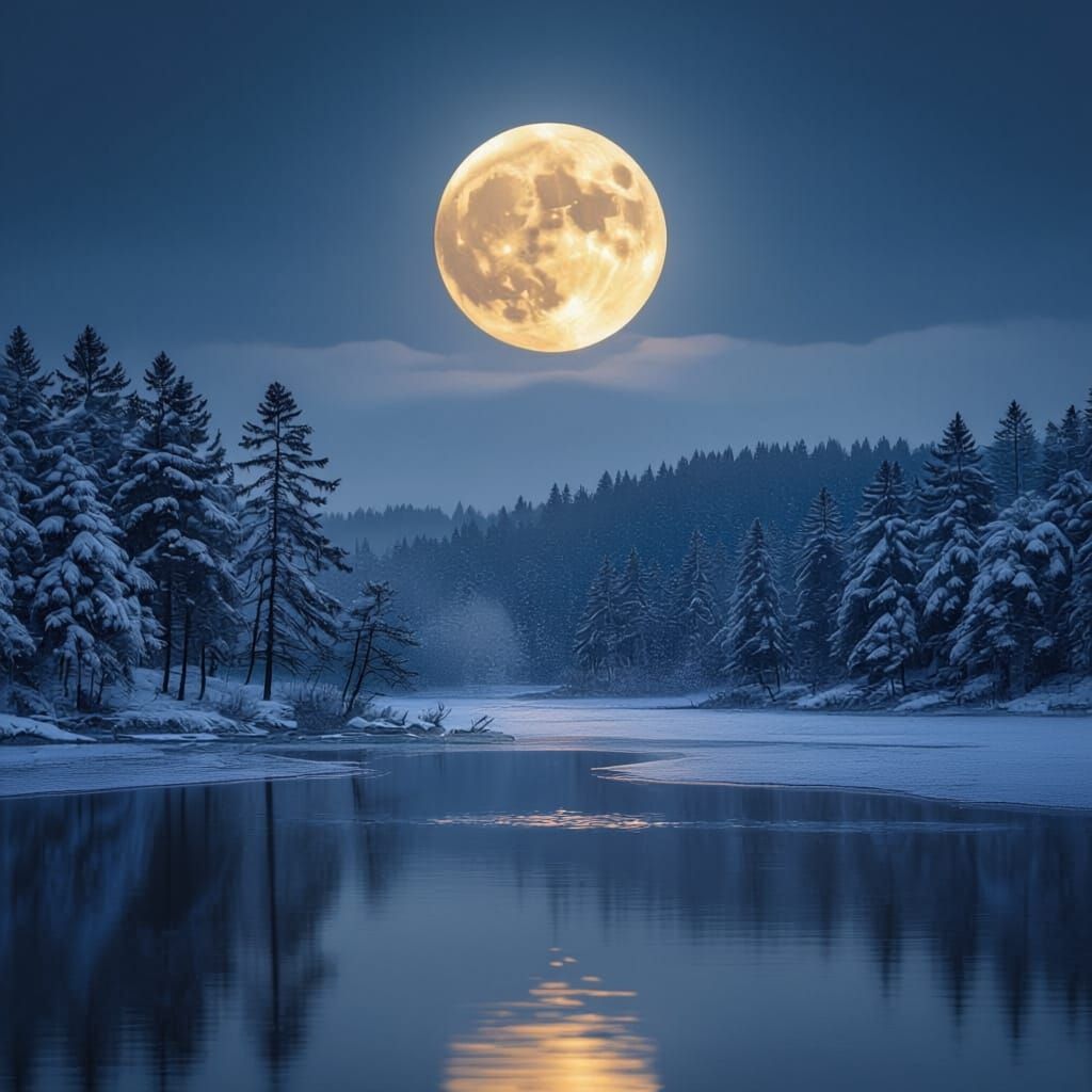 Full Moon Over Misty Winter Lake and Trees