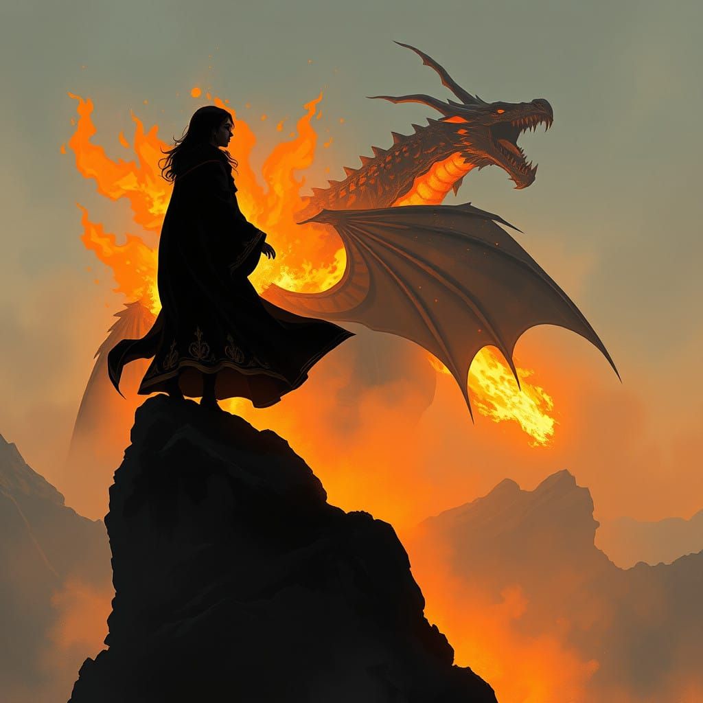 Ethereal Female Scholar Faces Fiery Dragon in Dark Academia ...