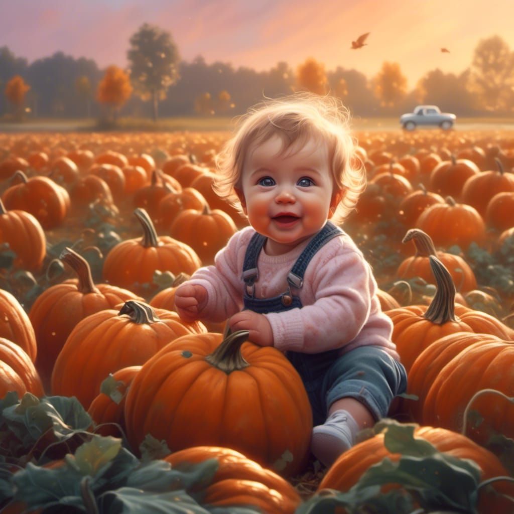 Adorable Baby in Pumpkin Patch Hyperrealistic Art