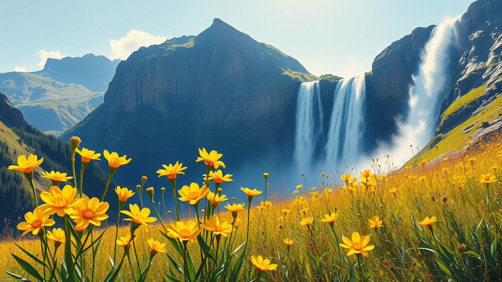 Mountain Meadow: Impasto Oil Painting of Waterfall