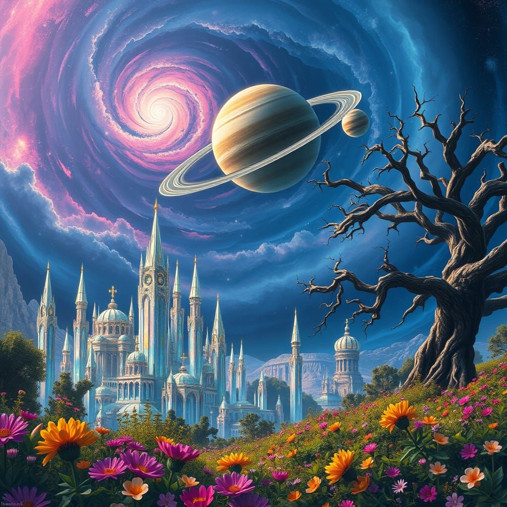 Fantastical Metropolis Amidst Vibrant Garden and Celestial W...
