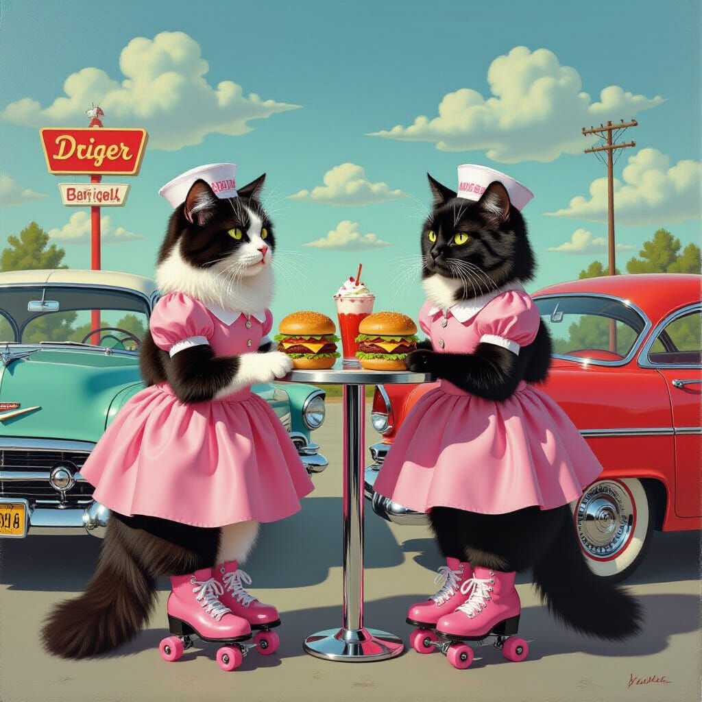 Cats as 1950s Car Hops Serving Burgers in Surreal Style