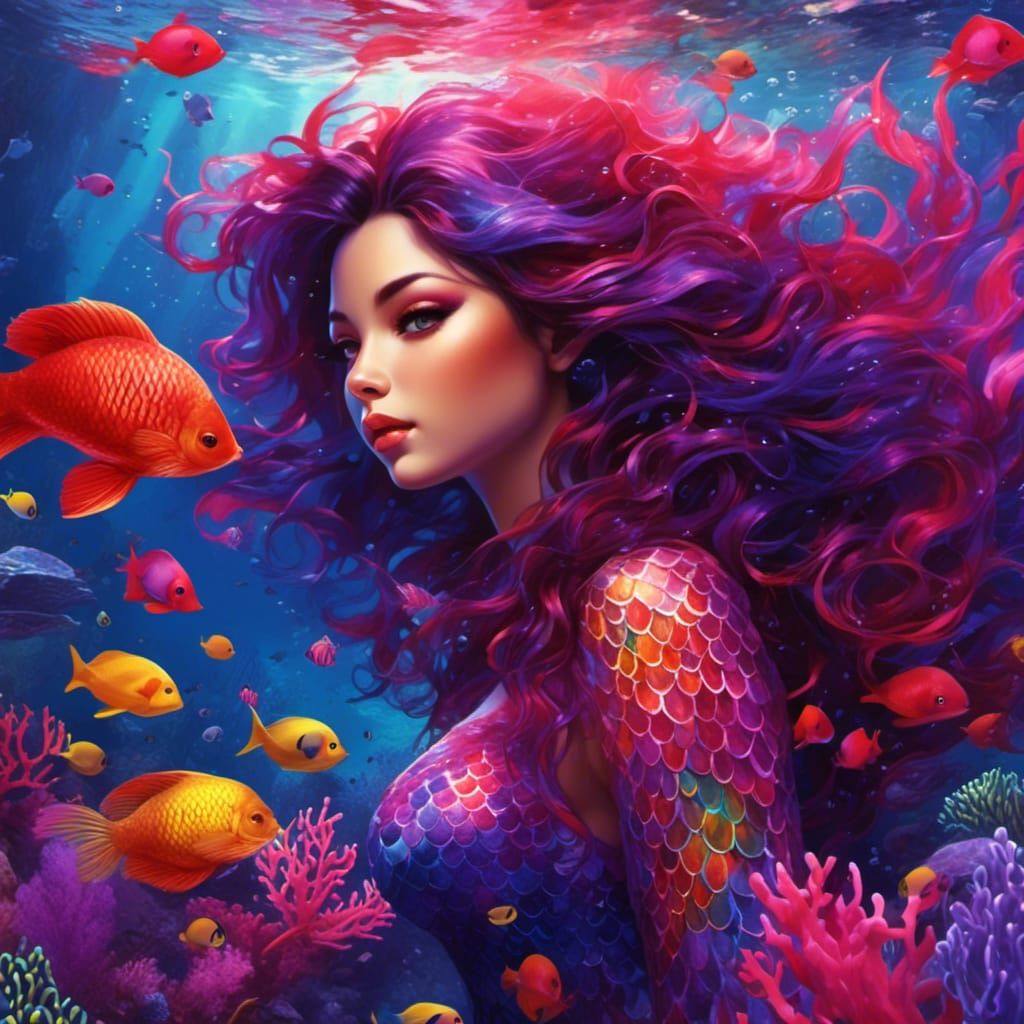 Brunette Mermaid in Coral Reef