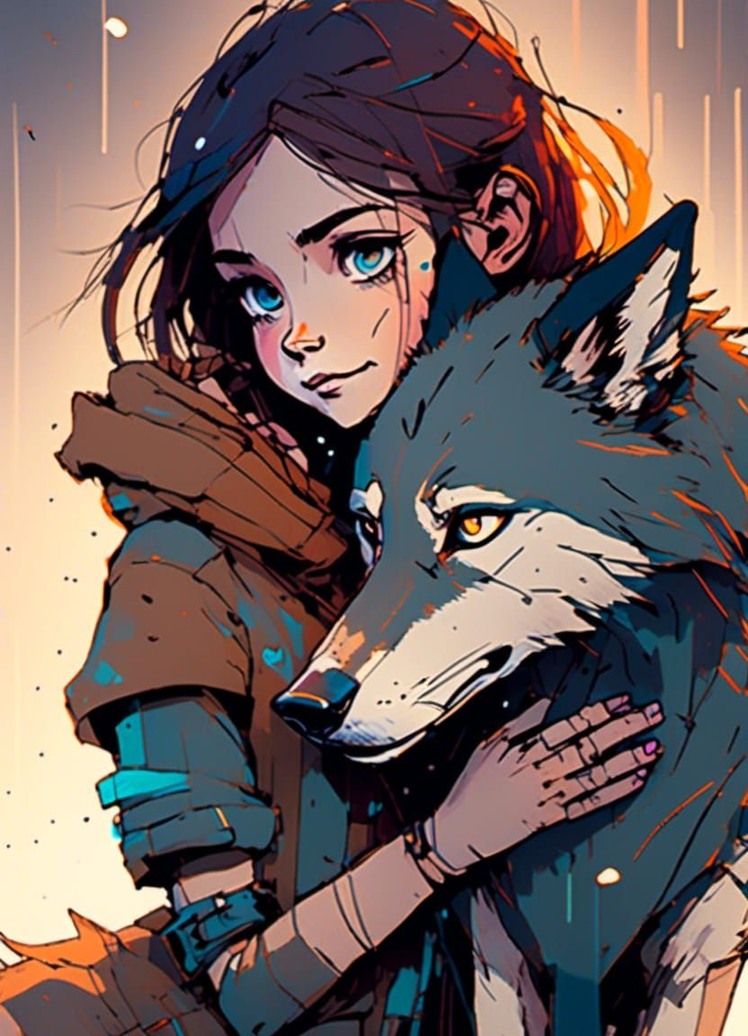 Girl Hugging Wolf in Keane-Inspired Animation