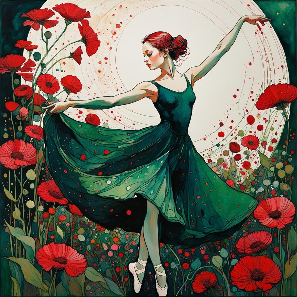 Ballerina Dancing Among Flowers in Ink Splatter Art