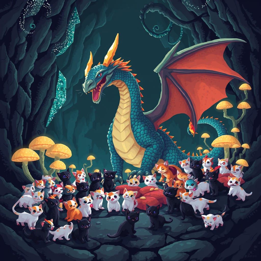 Regal Dragon Surrounded by Whimsical Feline Horde in Mysteri...