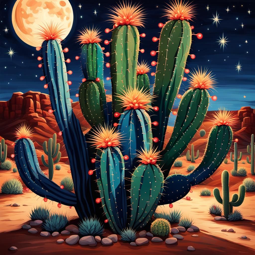 Festive Cactus Aglow in Arizona Desert Night