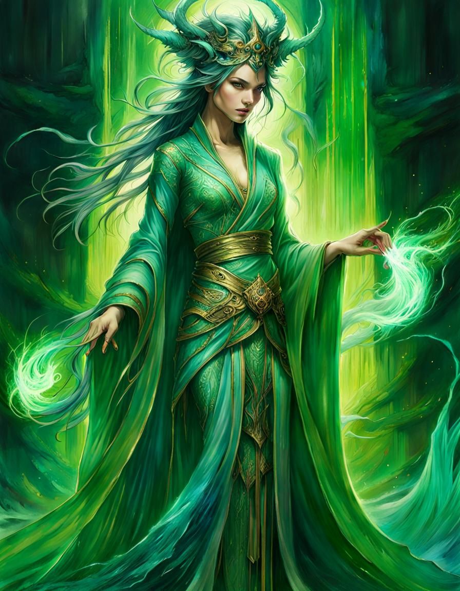 Enchanting Sorceress in Flowing Green Fire