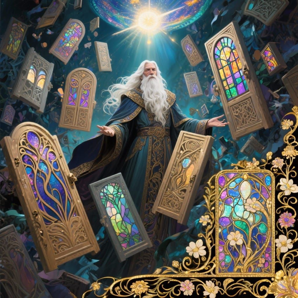 Merlin Amidst Floating Art Nouveau Doors and Windows